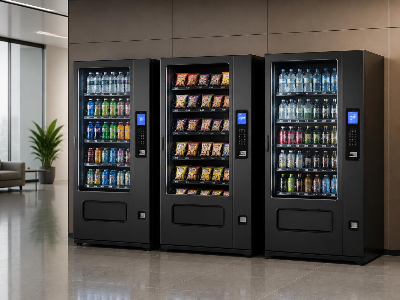 Bank of three vending machines installed in a corporate office lobby