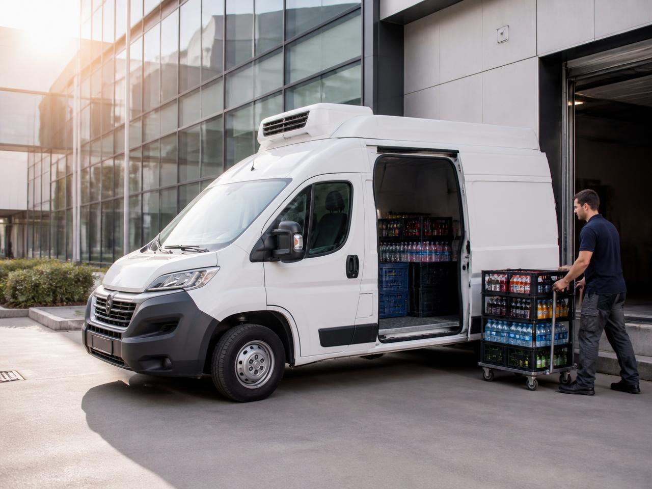 Refrigerated vending delivery van unloading stock at a commercial site