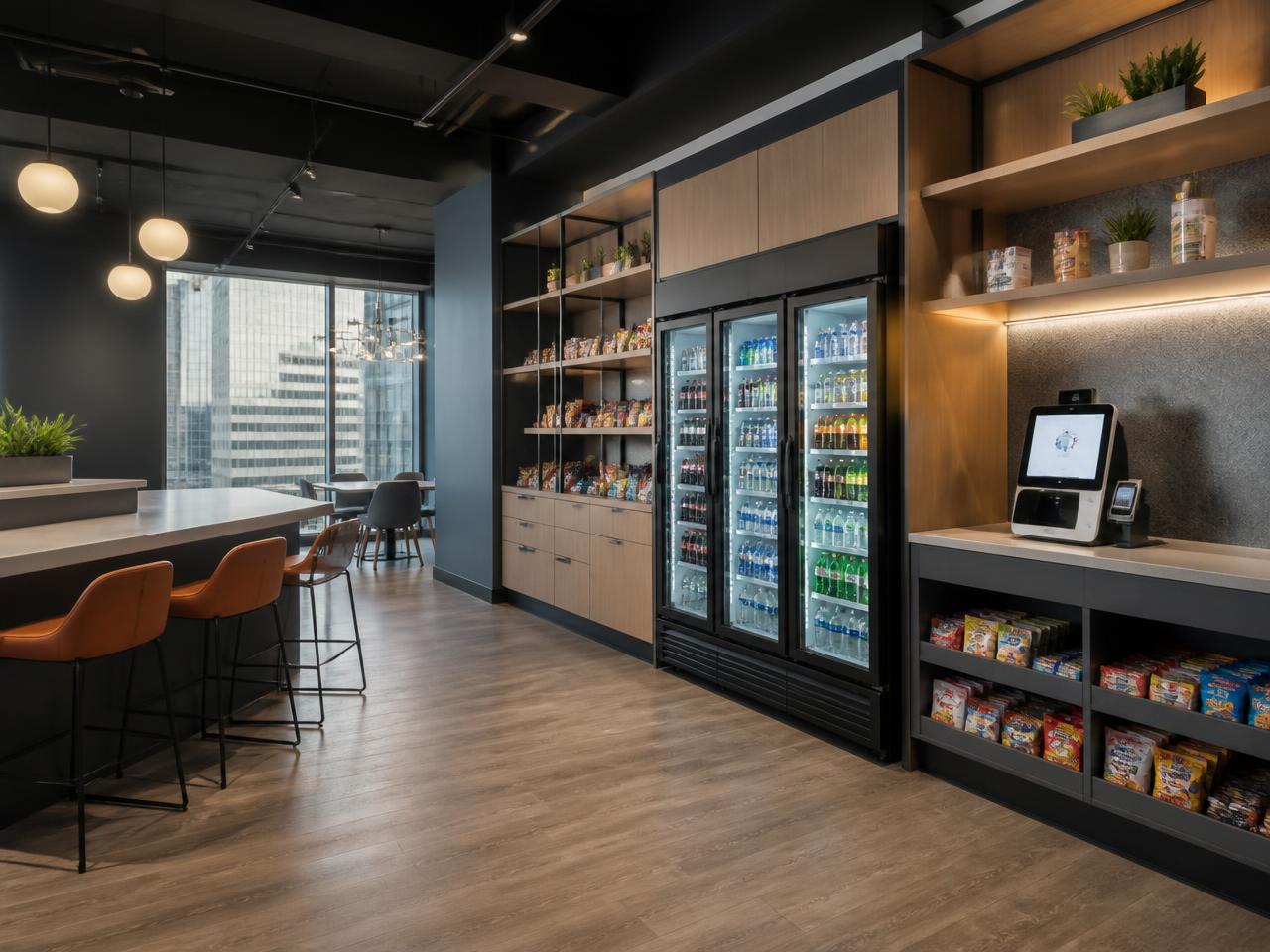 Office micro-market with coolers, snack shelving and a self-checkout kiosk