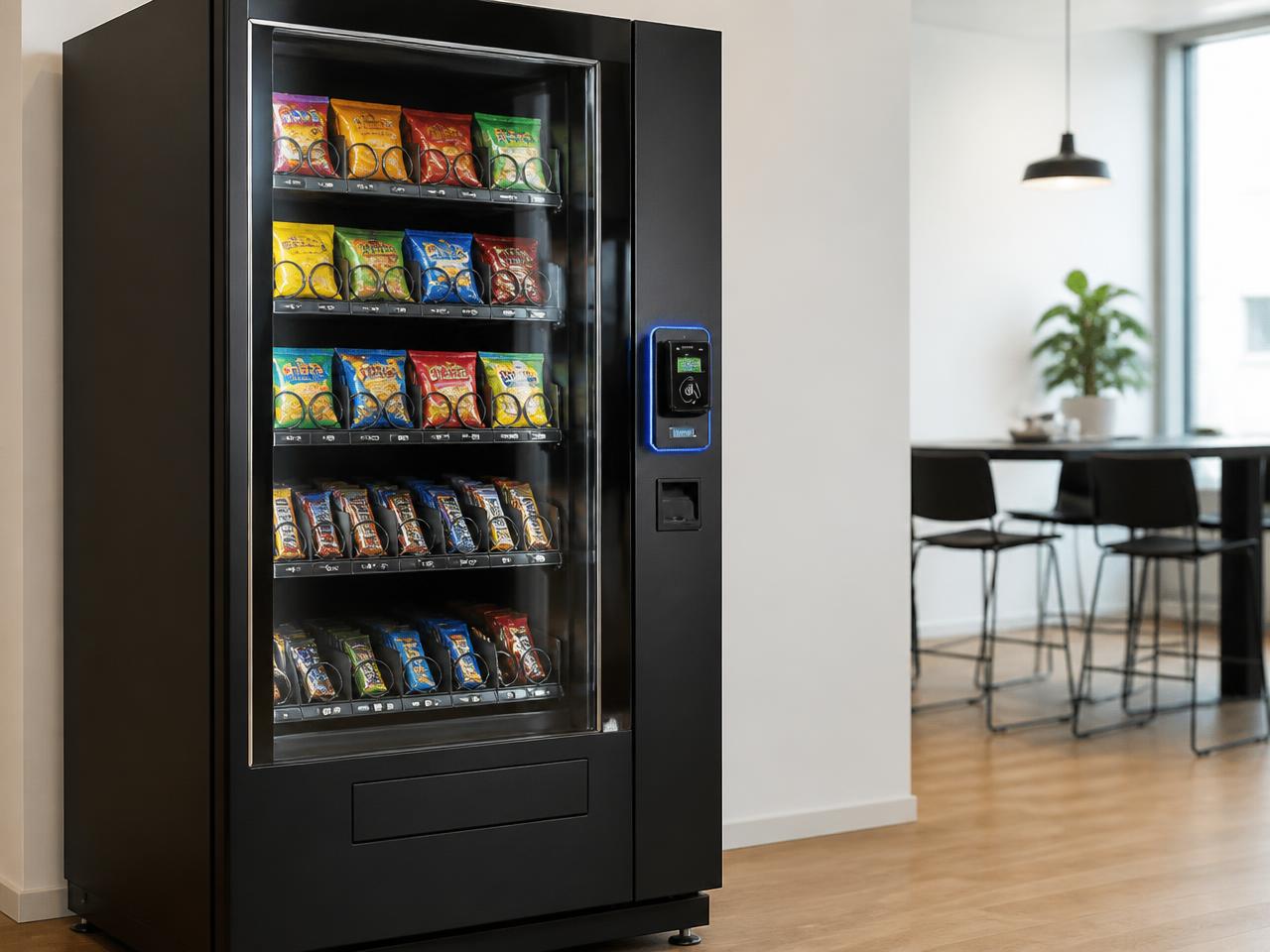 Snack vending machine stocked with chips and bars, with a card reader