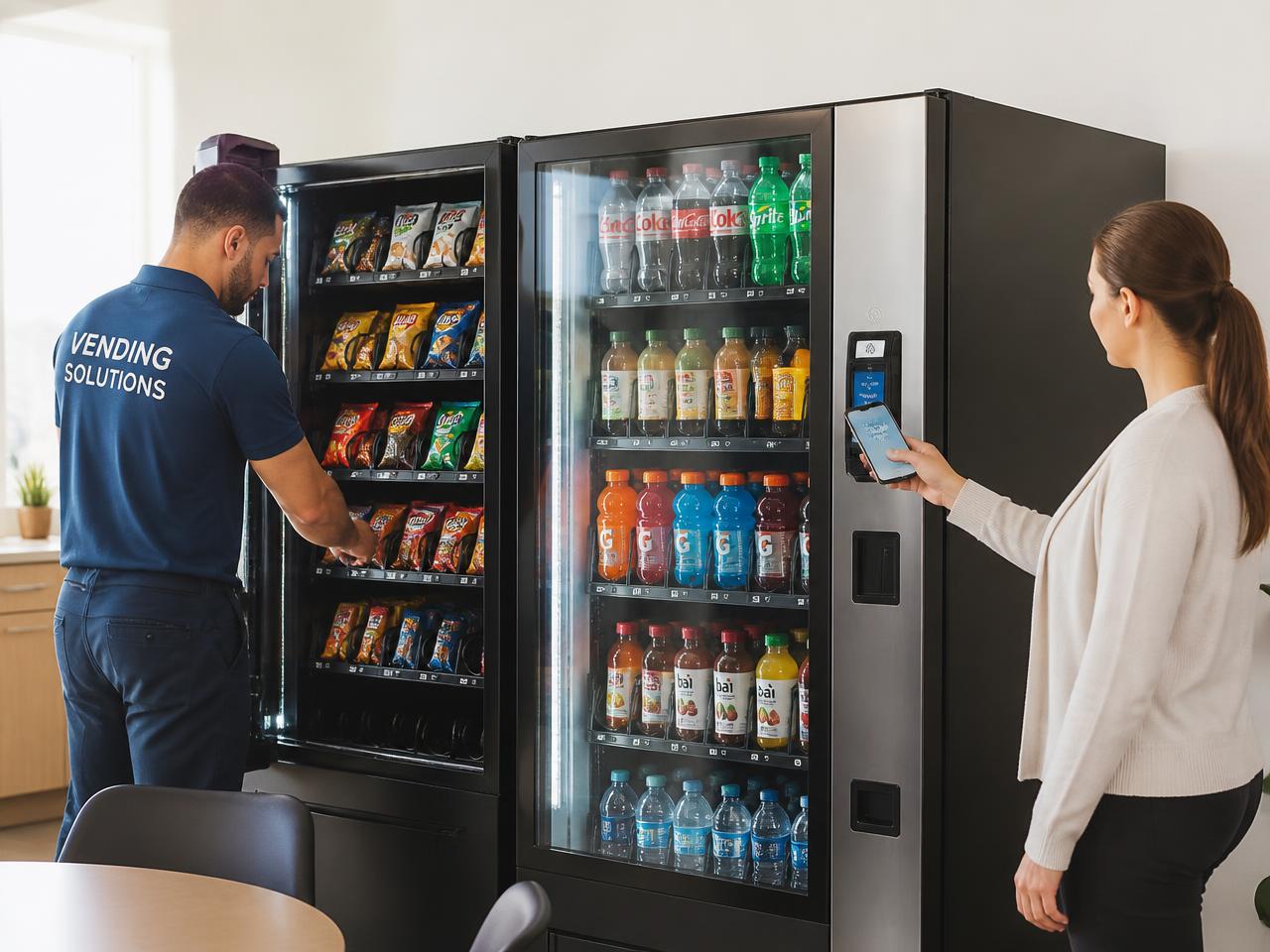 Operator restocking a bank of vending machines while a customer taps a phone on the card reader